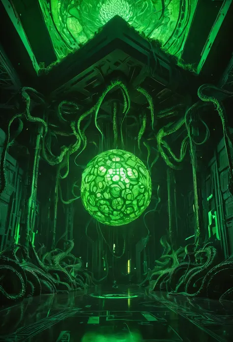 a gigantic floating cuboid structure with dark, twisting tentacles, radiating an intense green light from the circular patterns ...