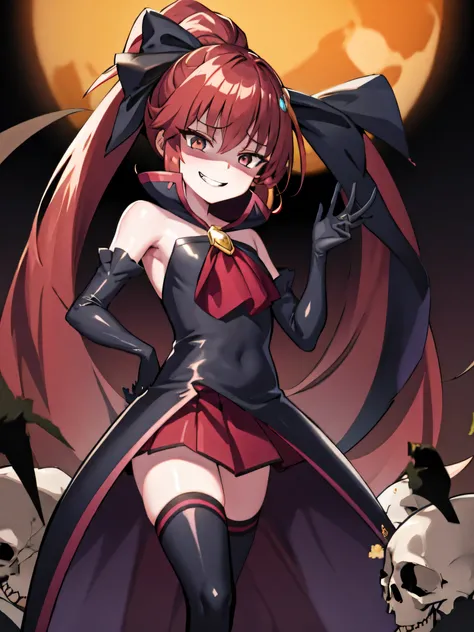 Highest quality, masterpiece, One Girl,Not beautiful, Red Ponytail, Long dress, brooch, Hair Ribbon, Black knee socks, Standing on the rubble, , ,,Dark shadow face,Sadistic laugh,,Malice,Contempt,smile,latex,Bad face,,Red Skirt,both hands,Two legs,Five F...