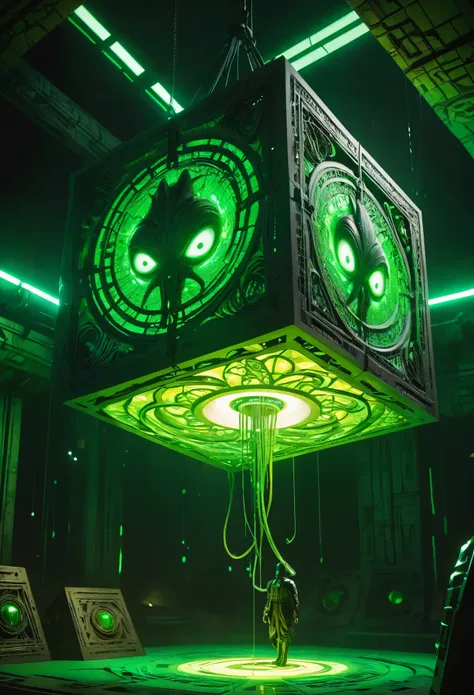 a gigantic floating cuboid structure with dark, twisting tentacles, radiating an intense green light from the circular patterns ...