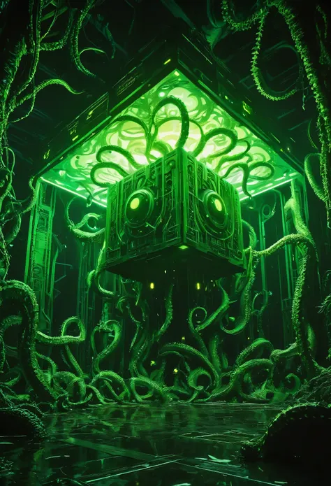 a gigantic floating cuboid structure with dark, twisting tentacles, radiating an intense green light from the circular patterns ...