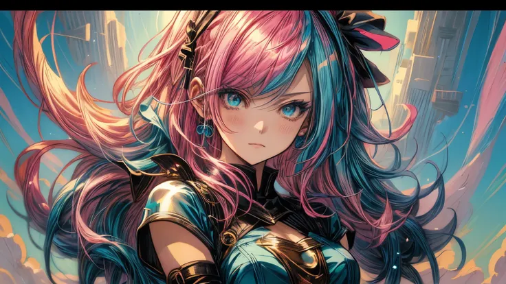 anime girl with pink hair and blue eyes wearing a blue dress., portrait, knights of the zodiac, , detailed digital animated art,...