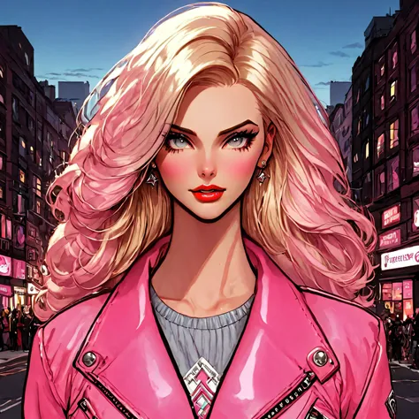 beautiful maiden, long blonde hair, pink jacket, aesthetic, intricate city background, citypunk, pinkcore, cool vibes, hyperdeta...