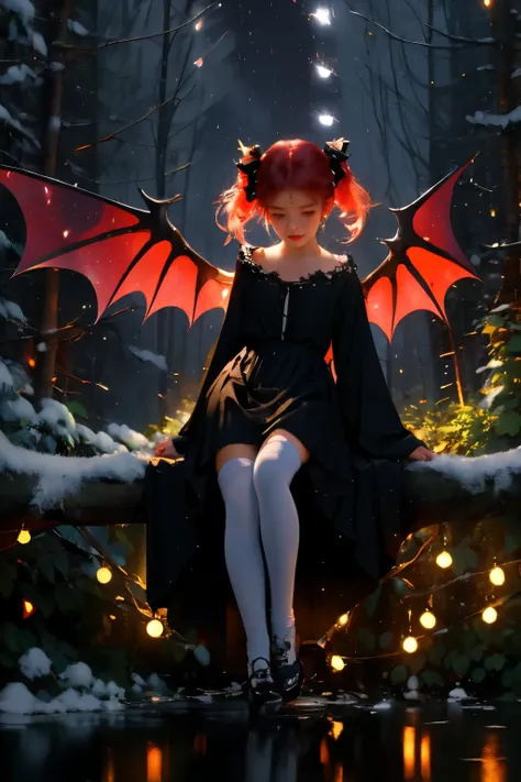 uhd, 4k, textured skin, good quality, High details, ​masterpiece, best quality, (Amazingly absurd:1.2), (​masterpiece:1.2), 1 Vampire Girl with little demon wings on the back sitting on tree branch looking down at viewer, sieht auf dich herunter, dress wit...