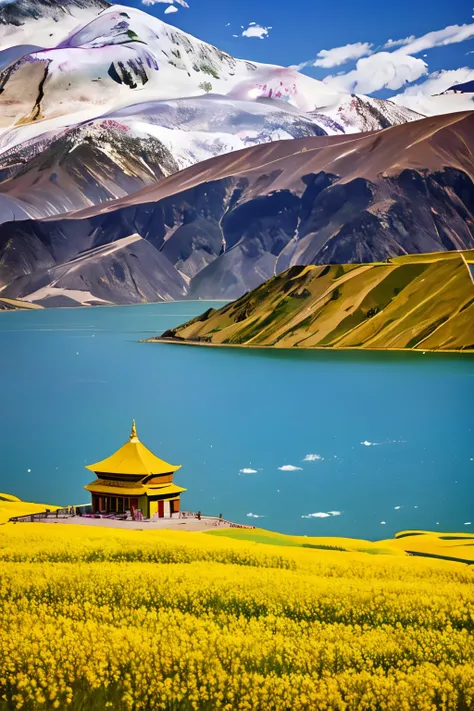 (best quality), 4k, landscape illustration, qinghai, thar temple, menyuan canola flower, qinghai lake, kunlun mountain, travel l...