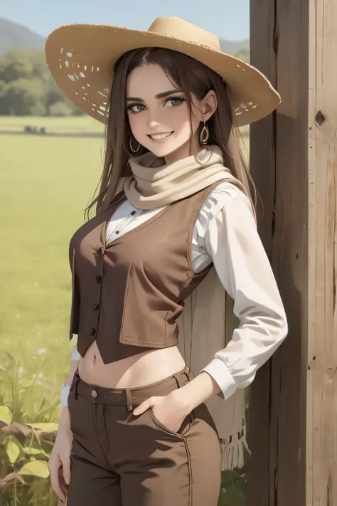 portrait of beautiful women in muddy farm:1.2 , cowboy hat, fringed waistcoat , trousers, scarf , confidence , medium breast,