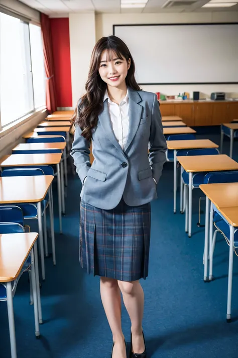 Best Quality, Mastepiece, Photorealistic, It is high resolution、4k　Raw photo,Solo, 1girl, 30 years old、Standing in a school classroom、smile、gentlemen、business suit、skirt、High heels