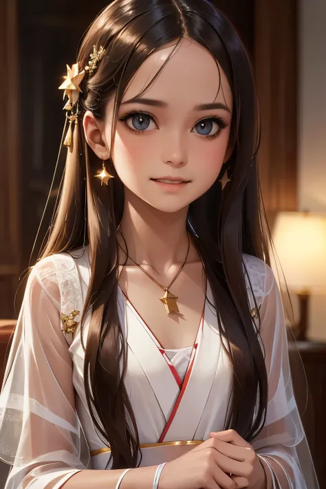 best quality, masterpiece, highres, 1girl,blush,(seductive smile:0.8),star-shaped pupils,china hanfu,hair ornament,necklace, jewelry,Beautiful face,upon_body, tyndall effect,photorealistic, dark studio, rim lighting, two tone lighting,(high detailed skin:1...