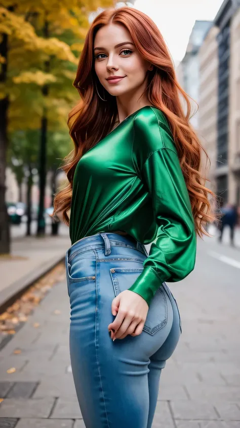 Realistic full body photo of a smiling, Young red-haired girl with long hair, She dances in front of the camera in a long shirt made of shiny green satin and tight jeans..., Park,glamour fotoshooting, Park, perfect anatomy, perfect green eyes. Perfect hand...