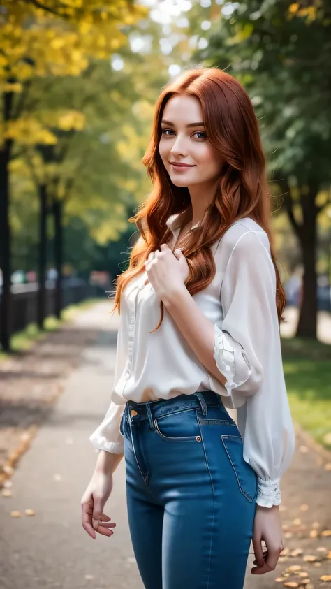 Realistic full body photo of a smiling, Young red-haired girl with long hair, She dances in front of the camera in a long blue silk shirt and tight jeans..., Park,glamour fotoshooting, Park, perfect anatomy, perfect green eyes. Perfect hands with 5 fingers...