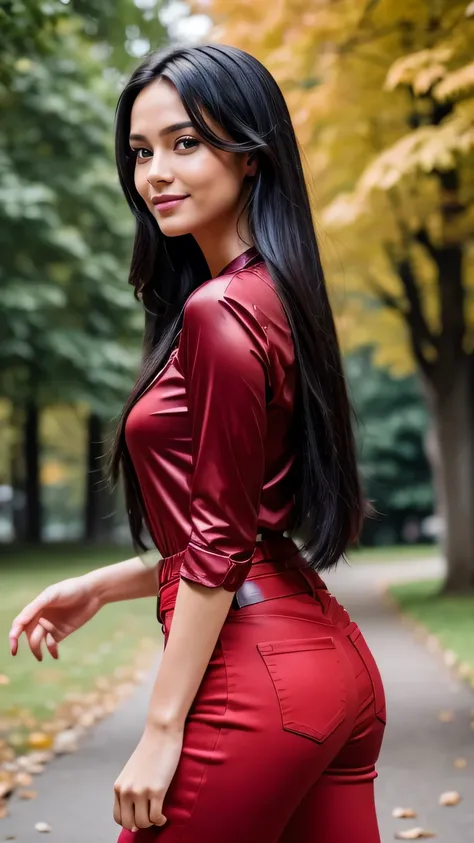 Realistic full body photo of a smiling, Young black-haired girl with long hair, She dances in front of the camera in a long red silk shirt and tight jeans..., Park,glamour fotoshooting, Park, perfect anatomy, perfect brown eyes. Perfect hands with 5 finger...