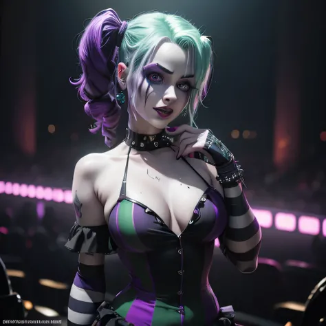 Harley quinn dressed as Beetlejuice, detailed face, mesmerizing eyes, vibrant purple and green hair, sinister smile, pale skin, striped suit, theatrical pose, dark and grungy atmosphere, (best quality,4k,8k,highres,masterpiece:1.2),ultra-detailed,(realisti...