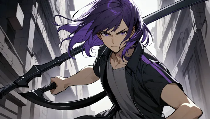 teenage boy, tidy hair, medium length hair, multicolored black and purple hair, middle stripe, dark purple eyes, serious face, simple smile, gray shirt, loose black short sleeve overcoat, holding a black sickle.