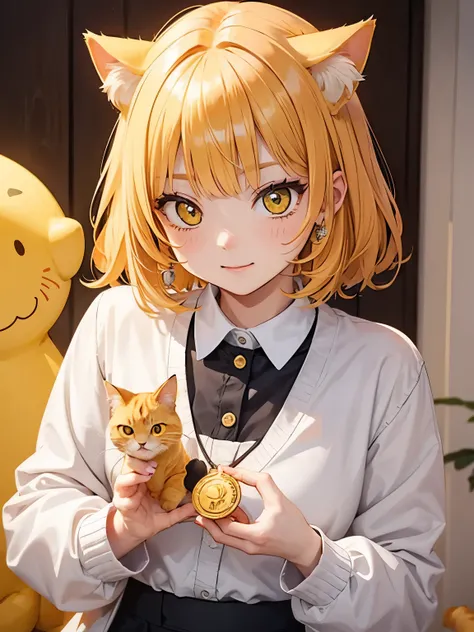 A cute yellow cat holding a coin