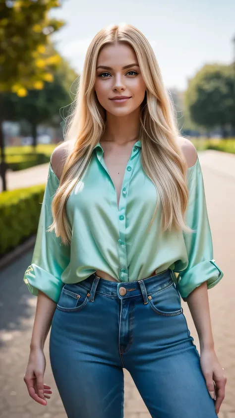 Realistic full body photo of a smiling, Young blonde girl with long hair, She dances in front of the camera in a long, green silk shirt and tight jeans..., Park,glamour fotoshooting, Park, perfect anatomy, perfect blue eyes. Perfect hands with 5 fingers on...