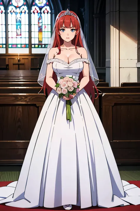 Kasumi Yoshizawa, long Red hair, Very Huge Perfect Breast, Princess Wedding Dress, Curtsy, Standing in Church