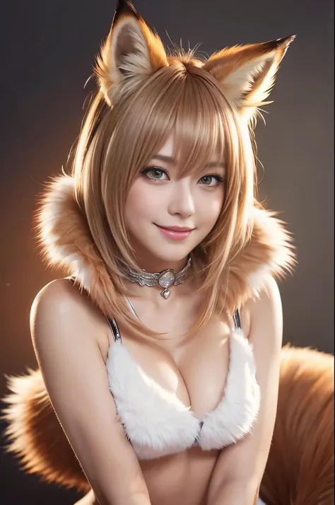 sexy swedish model, (-anime), only 1 model, very short hair, beautiful smile, lip-gloss, long lashes, defined eyebrows, long fur fox color scheme, ((long fur fox cosplay)), fox ears, fox tail, fox choker, look at the camera, cinematic light, (sparkling lon...