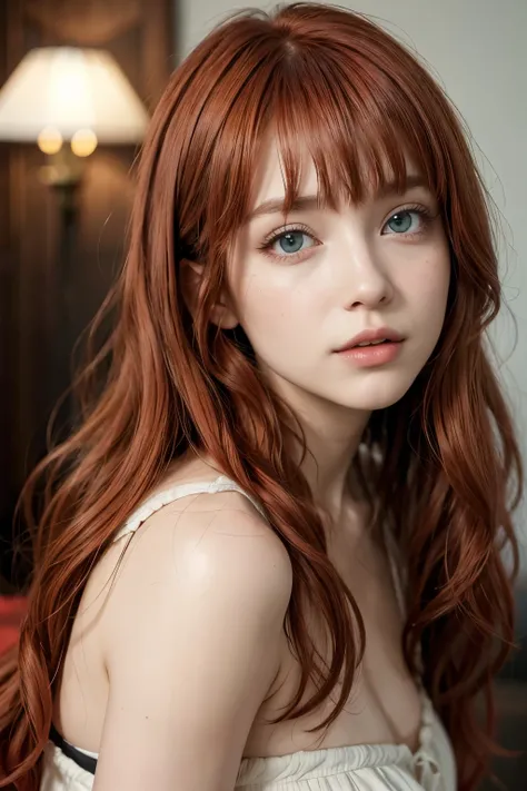 adult  woman, greeneyes, long red curly hair with bangs.