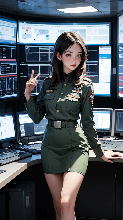 Female cadet in military service uniform walking in command and control center, Futuristic theme
