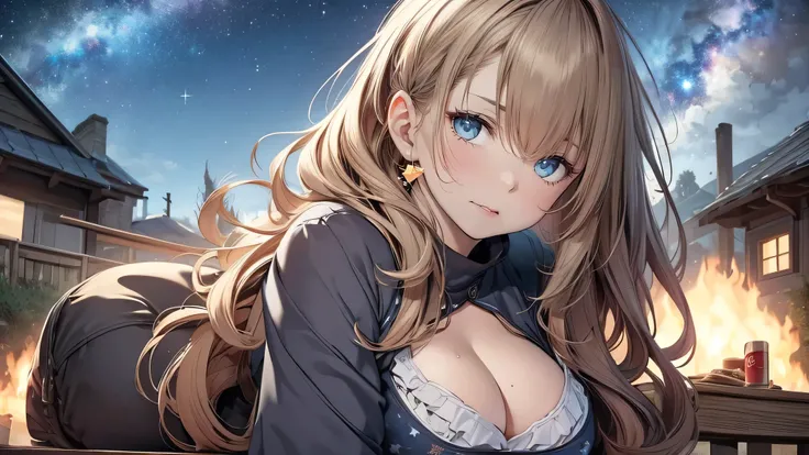 (look up at the starry sky:1.2),make a bonfire,girl camping,reclining,(outdoor fashion:1.5),(Thin type:1.8),(big breasts),(random hairstyle),(Highest image quality,(8k),ultra-realistic,best quality, high quality, high definition, high quality texture,high ...