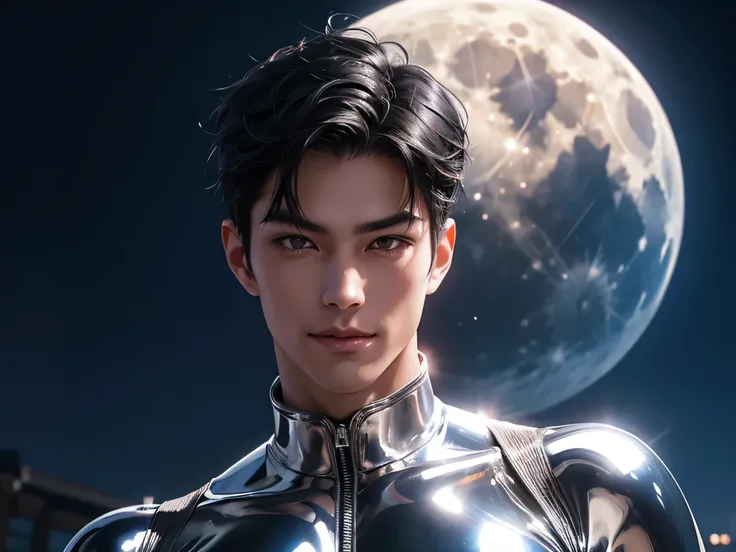 Japanese　　Handsome model　male　　smile　　　Black Hair　　Short cut　Short hair　　　looking at the camera　　　　　Shiny full-body silver suit　Mega Bulge　　Shiny silver latex suit　　looking at the camera　future world　 　universe　Full moon in the background　　　Upper body clos...