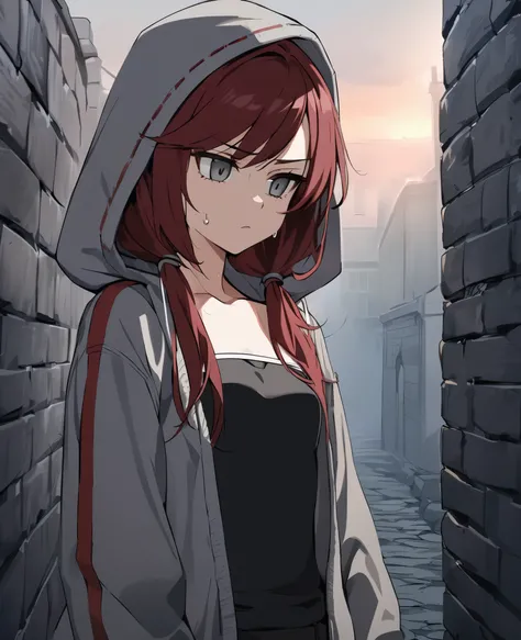 【Highest Quality, masterpiece】 [stoic young woman, deep gray eyes, stoic, swept bangs, dark red hair,low twin tails,grat knit cloth, strapless gray top with white trim,  black jeans, black combat boots, knitted open hoodie, hood up, stoic, Upper body] (Glo...