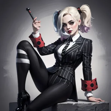 harley quinn, with beatlejucie style clothes, black and white stripe suit