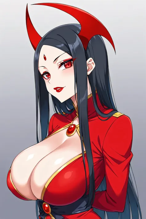 A girl with long loose black hair, crimson red eyes. Deep red lipstick, red eye shadow , portrait, very big breasts, demon, with geisha clothes , big breasts, (arms behind back), 