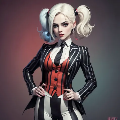 harley quinn, with beatlejucie style clothes, black and white stripe suit