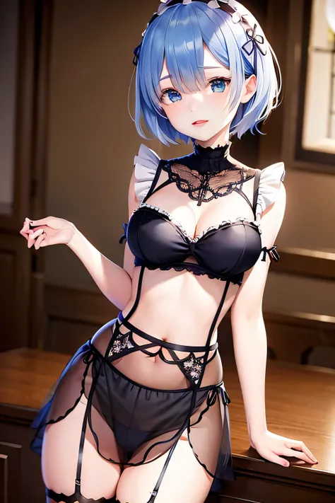 Rem,Blue Hair,blue eyes,(Lingerie 1.2),inflammation,short hair,Maid&#39;s Headdress,Large Breasts,A light smile,Highest quality
