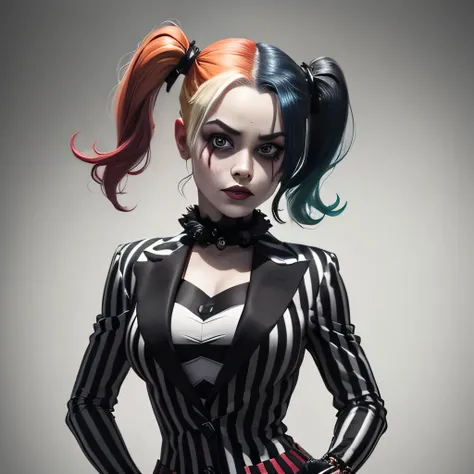 harley quinn, with beetlejucie style, black and white stripe suit