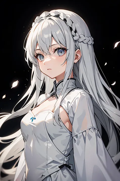 anime girl with light gray eyes. Wearing white dress. medieval dress. No background. Black background. portrait