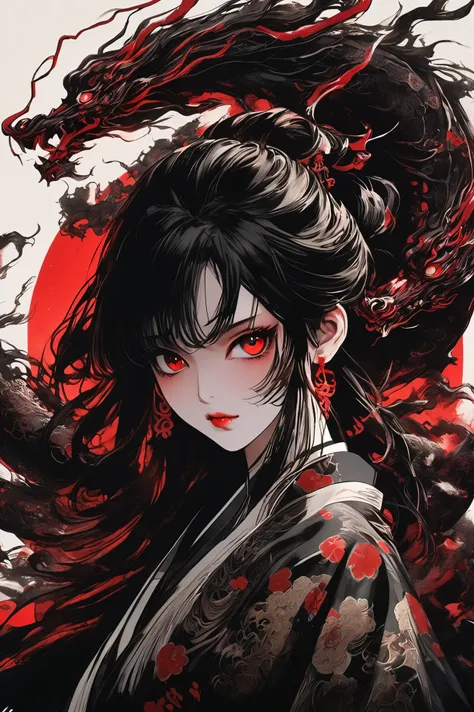 A girl with long loose black hair, crimson red eyes. Deep red lipstick, red eye shadow , very big breasts demon, geisha clothes , big breasts, ((arms behind back)), dragon, portrait, close up, big eyes, ulzzang, sparkling eyes, A charming girl, see ghosts,...