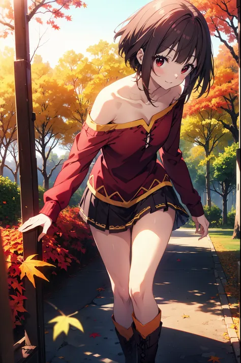 konosubamegumin, megumin, short hair, black hair, (red eyes:1.3), short hair with long locks,smile,one-shoulder sweater,mini ski...