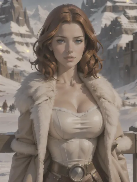 steampunk woman, short curly red hair, ivory fur coat, detailed face, early morning, snowy mountains, depth of field, blurry bac...