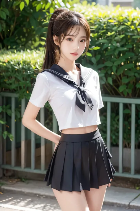 (ultra hd), (looking at me), (the whole body is shown), (black short-sleeved sailor suit, black low rise mini skirt), big breast...