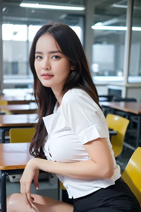 close up,1 girl{{a beautiful woman wearing a white short-sleeved shirt and a short black pencil skirt}} , striking a sexy pose. ...