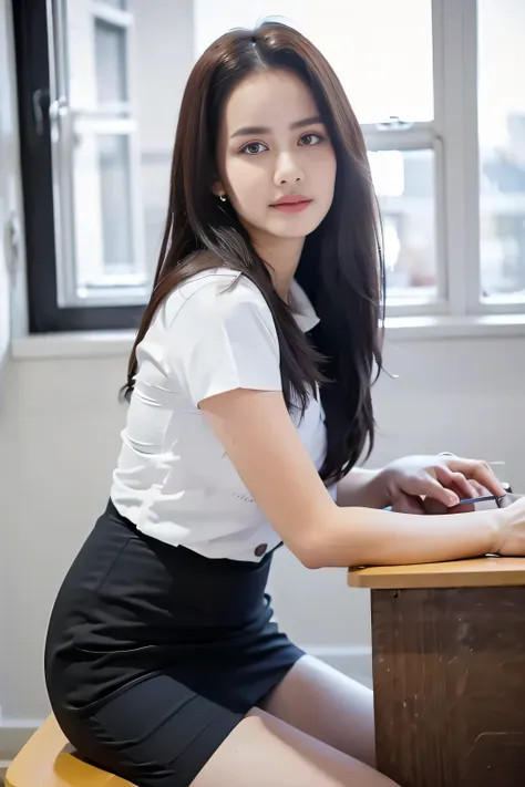 Close up,1 girl{{A beautiful woman wearing a white short-sleeved shirt and a short black pencil skirt}} , striking a sexy pose.  with several lecture tables set up behind it  There is a sliding glass window.  There was evening light streaming into the room...