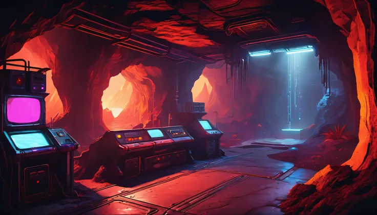 Interior view of the cave, Horizontal scene, Game sideboard scene, Retro cyber punk style, Steam Age, Parallel Viewpoint, cyber punk, Lava cave scenery, attention arousal, Retro