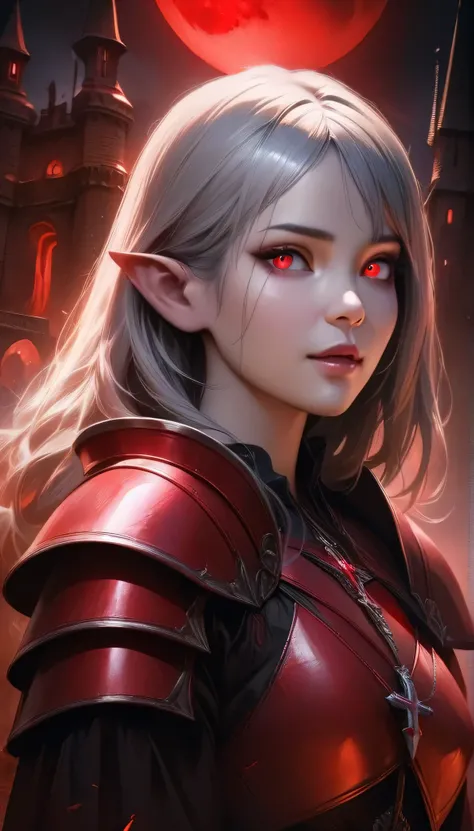 a girl with white skin, pointy ears, long silver hair, dark skin, wearing red leather armor, solo, looking at viewer, red eyes, glowing eyes, red moon, red sky, castle, tower, cross, blood, jewels, dark, night, (best quality,4k,8k,highres,masterpiece:1.2),...