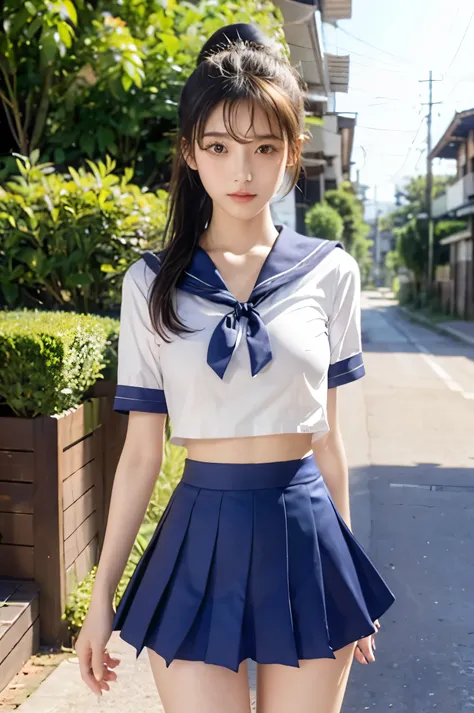 (Ultra HD), (Looking at me), (The whole body is shown), (Short-sleeved sailor uniform, Navy blue low-rise mini skirt), (Big Breasts:1.2), Super beautiful breasts, slender, Narrow waist, (Thin legs:1.2), (Thin thighs:1.2), (Thin Hips:1.4), (Beautiful Skin, ...