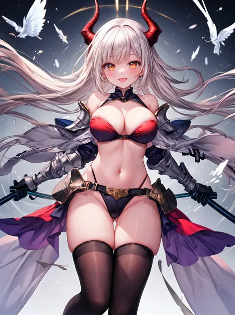 fantasy, 1devil_girl, low_teen, platina_blond_hair,long_bangs, bare_shoulder, navel out, thighhighs,silver_armor, red_Bikini,waist_armor, Glebe, hold_swords, large_tits, dynamic_floating_pose,Floating,(pelvic_curtain:1.3), silver_Headgear ,looking_down_at_...