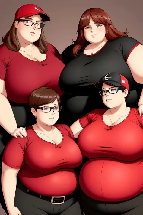 four extremely fat caucasian girls hugging, huge bust, 300 pounds, black pants, large stomach, lovehandles, sad, bbw, plus size woman, wearing baseball cap, belt, massive and gigantic belly, red shirt, hand on stomach, wearing glasses, short hair
