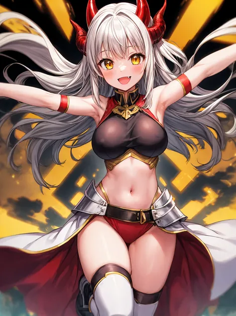 fantasy, 1devil_girl, low_teen, platina_blond_hair,long_bangs, bare_shoulder, navel out, thighhighs,silver_armor, red_wear,waist_armor, Glebe, hold_swords, large_tits, dynamic_floating_pose,Floating,(pelvic_curtain:1.3), silver_Headgear ,looking_down_at_su...