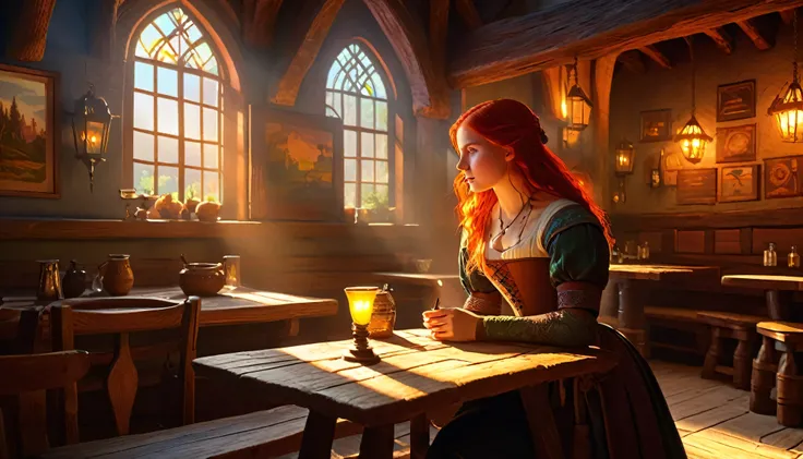 Young redhead woman, Medieval Tales Tavern, Exquisitely crafted and colorful interior, Detailed intense sunrise lightning, Best Geometry, Award-winning masterpiece, Very complex shadows and lighting, Best lighting, Best Shadow, Complex and busy setup, A ho...