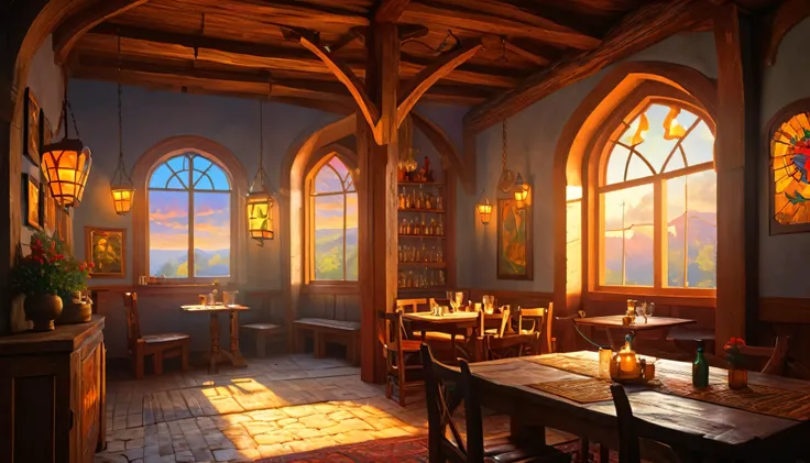 Young redhead woman, Medieval Tales Tavern, Exquisitely crafted and colorful interior, Detailed intense sunrise lightning, Best Geometry, Award-winning masterpiece, Very complex shadows and lighting, Best lighting, Best Shadow, Complex and busy setup, A ho...