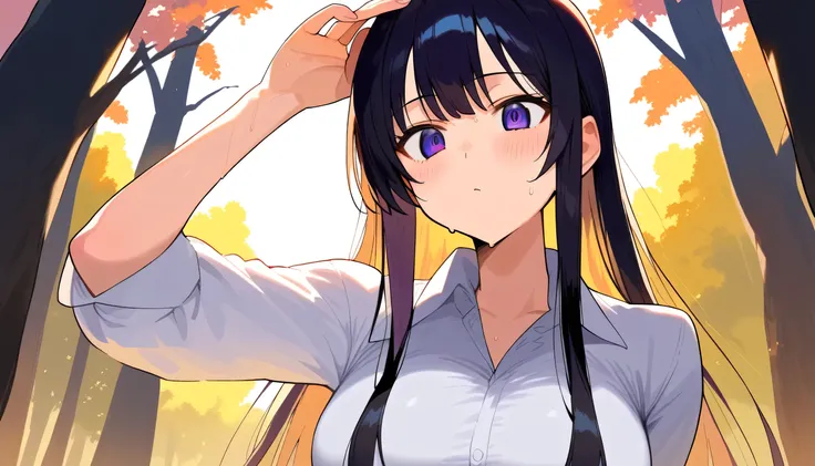 score_9, score_8_up, score_7_up, best quality, 1 lady, black long hair, purple slant eyes, staring, white shirts, one hand on head , sweat, forest, evening