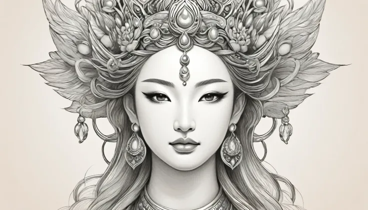 Goddess front view、Pencil drawing style