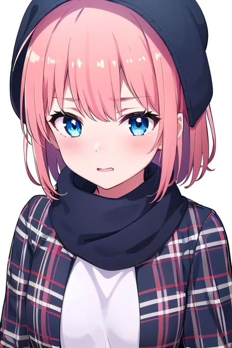 girl,boyish, very short hair, pink Hair, medium Breasts, winter clothing ,Cowboy Shot,blush,sexy face,blue eyes,clearly,Striped pattern, (white background:1.3), 