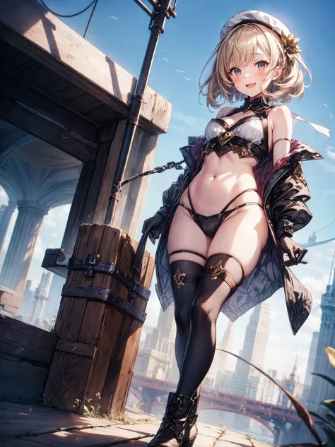 GRANBLUEfantasy,1young_teen_ girl,brown_hair,medium_bob_hair,platina_blond_hair,white_leotard,covered_crotch,thigh-highs,smile,standing,bluesky_landscape_background,slightly_spread_legs,happiness, short_gloves ,solo, r18, navel,relicbuster,short,boots,open...