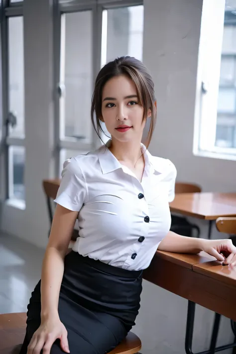 Close up,1 girl{{A beautiful woman wearing a white short-sleeved shirt and a short black pencil skirt}} , striking a sexy pose.  with several lecture tables set up behind it  There is a sliding glass window.  There was evening light streaming into the room...